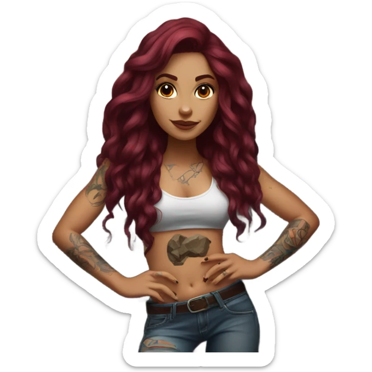 Beautiful tattooed woman long burgundy hair climbing rocks sticker