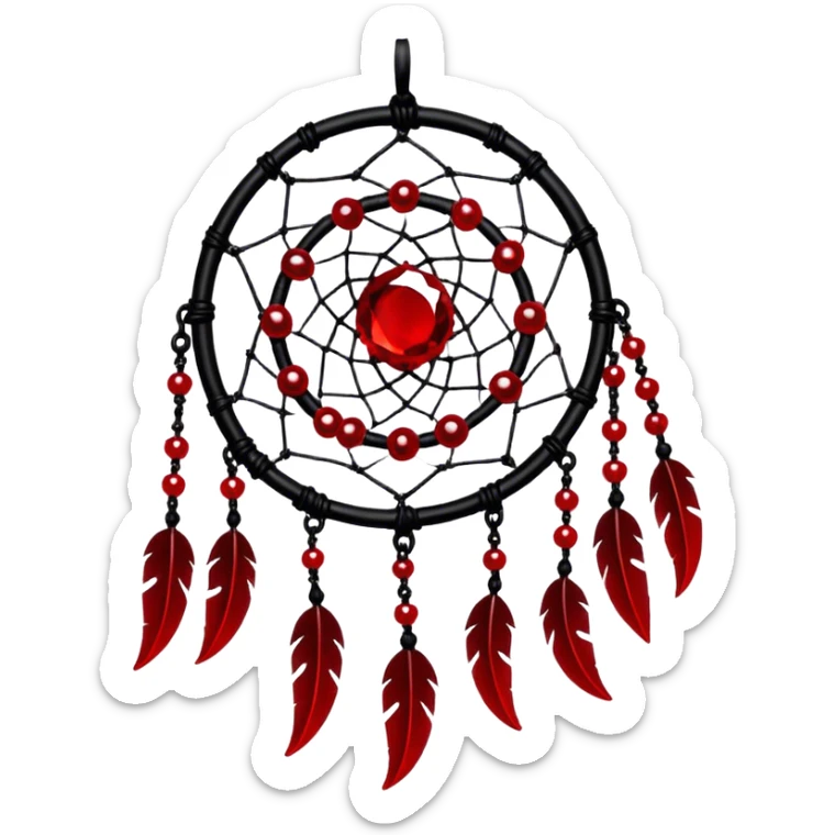 Blood-red, bloody, obsidian-black, edgy, dream catcher, red gemstones, black wires, black threads, tiny white skulls, sticker