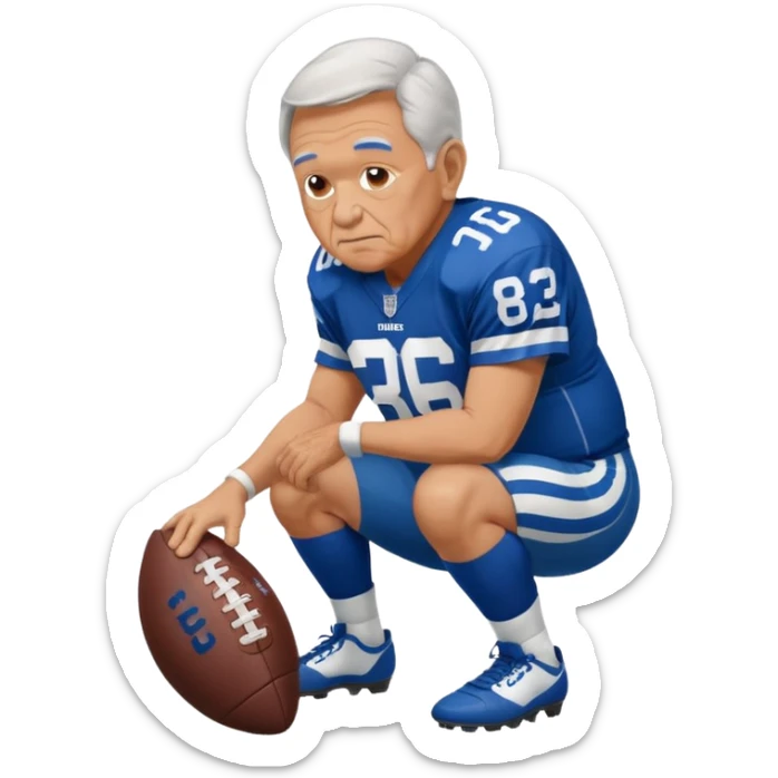 A grandpa playing football wearing an Indianapolis Colts jersey is. Show him kind of crouch down to the ground, holding the football and the name rivers on the back of his jersey. sticker