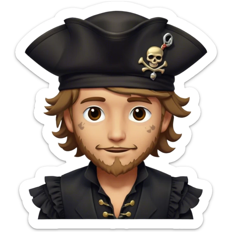A kindhearted pirate in a black ruffled shirt, black waistcoat, and an ornate black hat, his friendly gaze welcoming sticker