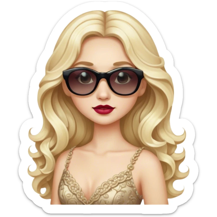 a pale blonde girl with elaborate makeup and dress, long wavy hair, wearing sunglasses, confident sticker