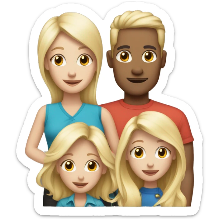 family of four with 2 blonde hair girl blonde mom blonde dad and black and white dog  sticker