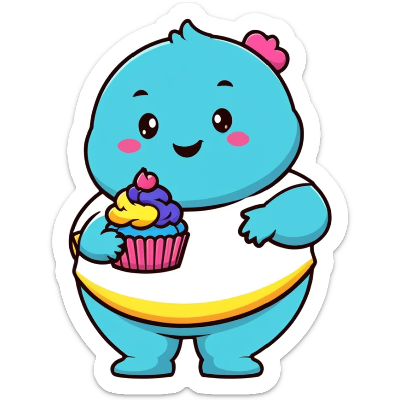 Extremely obese African American cartoon character with a very round face, smiling happily while holding colorful cupcakes sticker