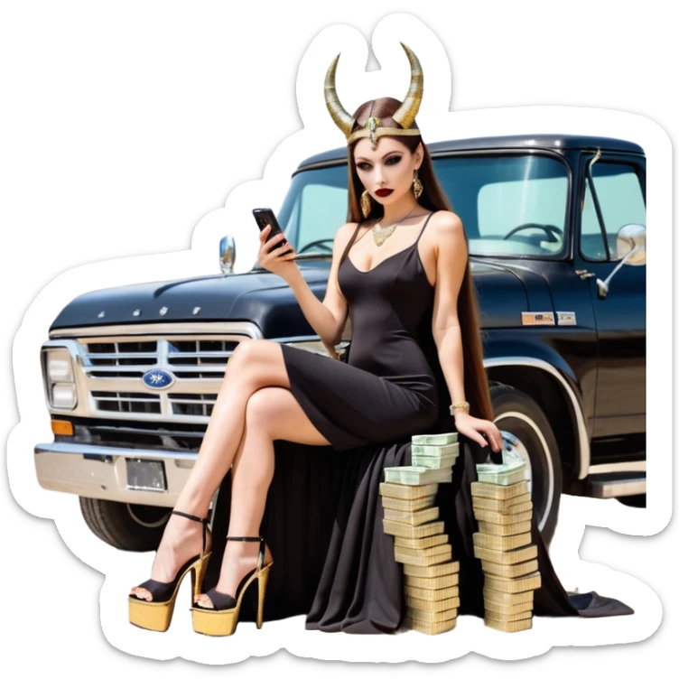 Sensual queen long brown straight haired sexy drug lord woman with  glitter platform high heels on her feet,  and devil black horns on her head, holding a stack of cash, has a phone in other hand. Sitting on the hood of a  gold ford350 pickup truck  full of drugs, long black dress with sexy slit sticker