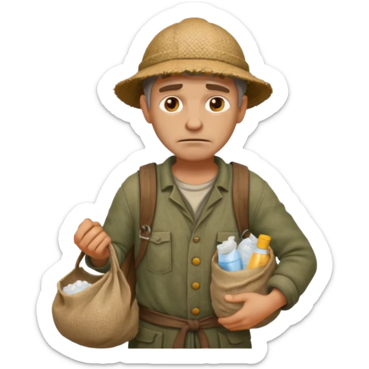 Emoji portrait of a Celtic salt worker. Dirty clothes, weary expression, carrying a sack on his shoulder. sticker