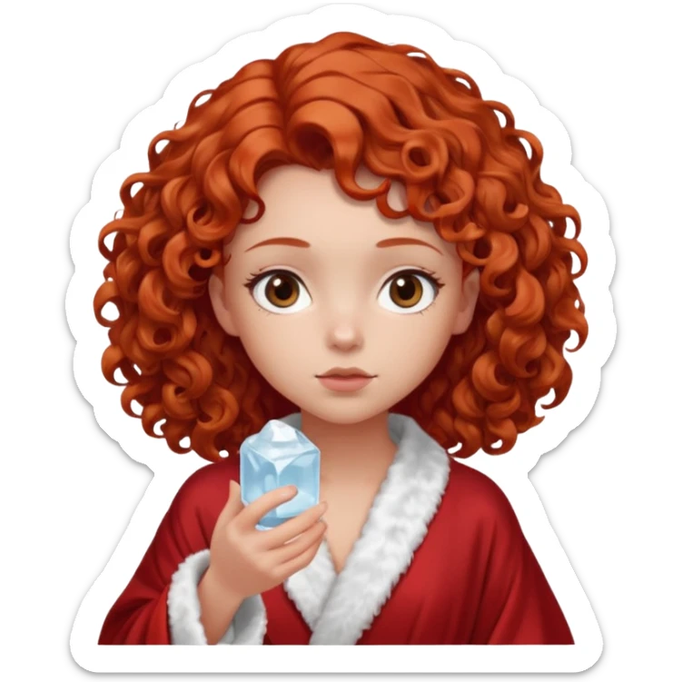 Cartoon emoji of a girl with voluminous curly red hair, fair skin, warm brown eyes. Wearing a chic milky silk robe with long sleeves, no makeup. Portrait mode, holding a ice cube, looking doubtful and unsure. Smooth, simple, stylized." sticker