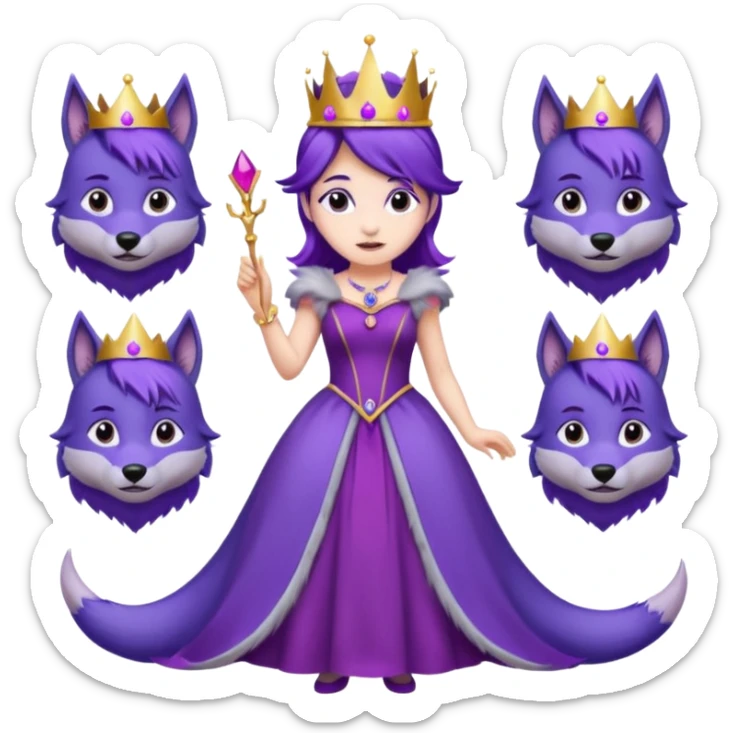 A princess wearing a purple dress and crown with purple hair and purple wolf ears and purple wolf tail character. doing different actions against a white background And make a gap between each illusion sticker