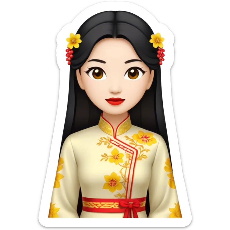 Cinematic Realistic Ao Dai Pop Culture Emoji, featuring an elegant portrayal of the traditional Vietnamese dress rendered with graceful textures and vibrant, cultural lighting. sticker