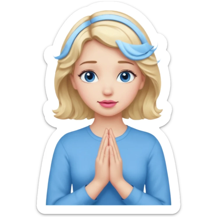Girl Blonde short wavy hair,  blue eyes, cute blue top, long lashes, pink lips, praying hands sticker