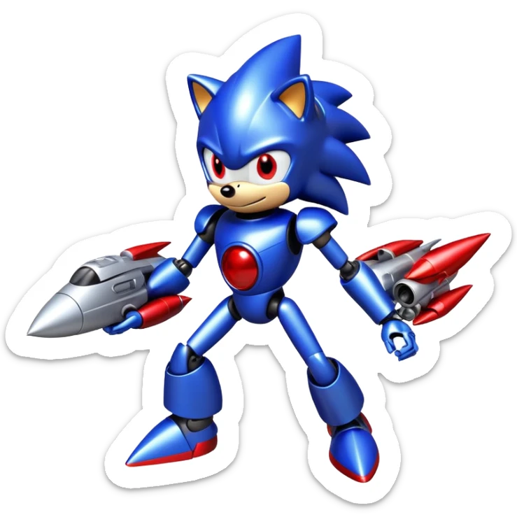 Metal Sonic robot hedgehog with red eyes, metallic blue body, and jet boosters sticker