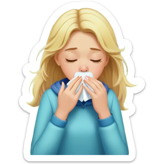 blonde teen girl sneezing outside in spring terrain sticker
