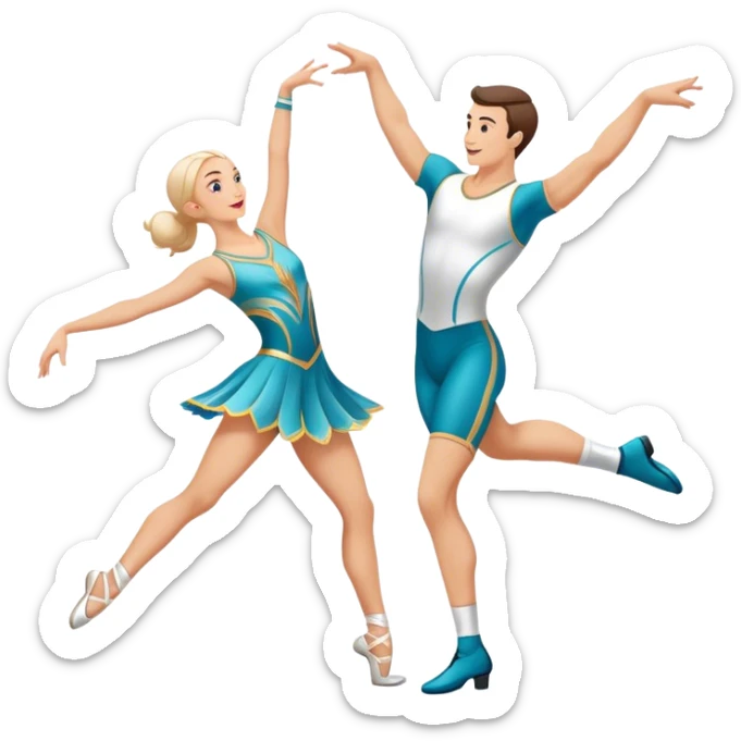 Icon for Sports Dance: a white men and women in competitive attire performing a synchronized dance with acrobatic moves, dance shoes, a rhythmic floor, and a competition backdrop. The icon should capture athleticism, technique, and acrobatic precision. Transparent background. sticker