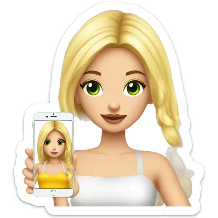 Chica rubia ojos verdes vestido de verano y con un IPhone 14 en la mano  sticker