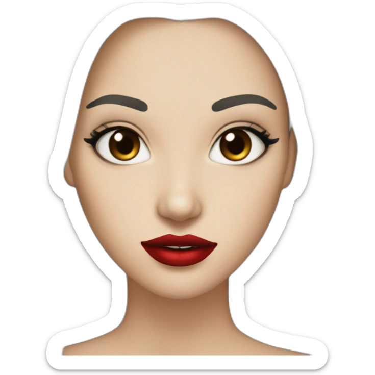 straight long dark brown hair,red lipstick,black eyes, white skin and a small nose sticker