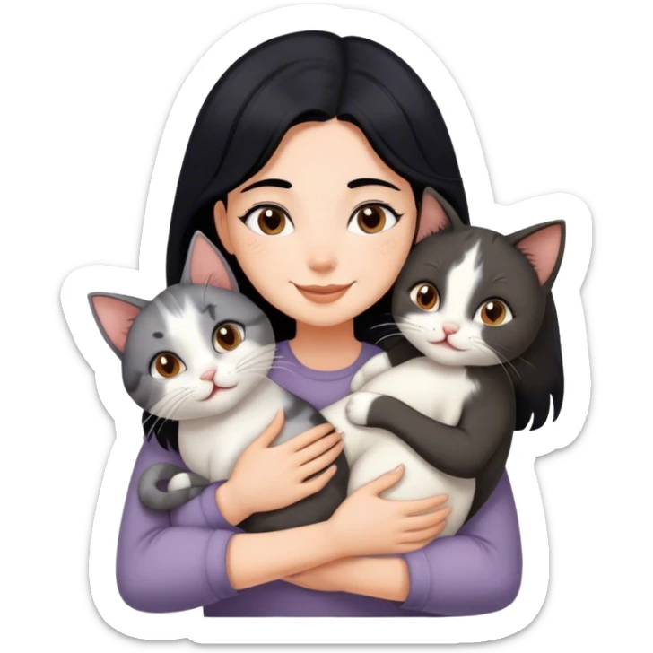 happy girl with black hair hugging three cats  (carey cat, gray cat, brown calico cat) sticker