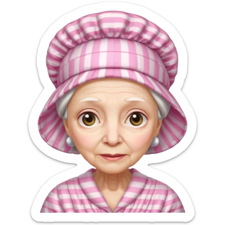 sick old woman with pink striped night gown, pink night bonnet on her head sticker