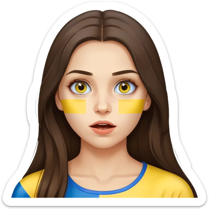 Brunette woman with long hair, Ukrainian flag (blue and yellow) painted on her cheek, surprised expression sticker