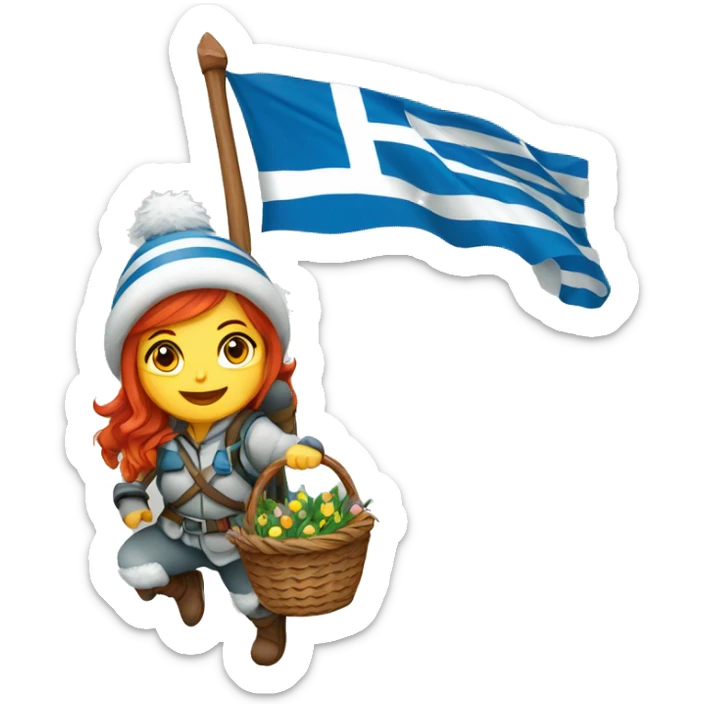 red hair female winter mountaineer climbing with Easter basket and Greek flag sticker