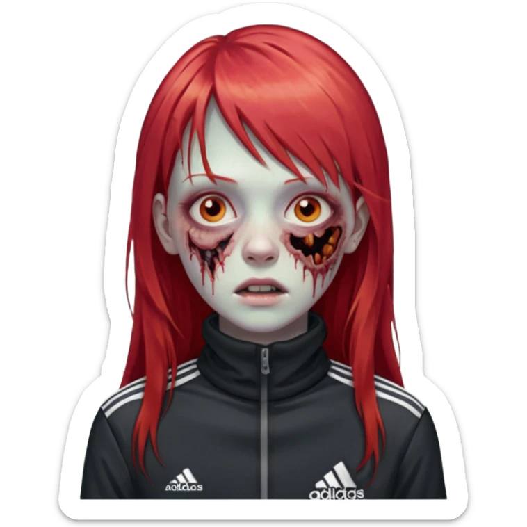Crie um emoji de uma menina zumbi  com o cabelo vermelho longo com uma franja reta casaco de gola alta da adidas sticker