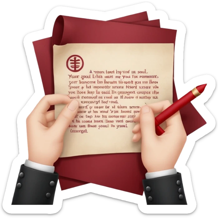 Minimalist emoji-style sticker of a pale hand signing a parchment contract titled “YOUR SOUL” in gothic font, muted red ink, grayscale background sticker