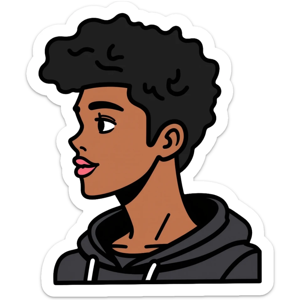 Black man with mid afro hairstyle wearing a black shirt and hoodie sticker