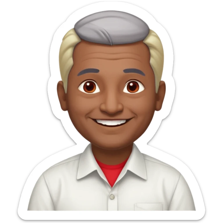 50 yr old indian man, dark skin, grey hair, big smile, white teeth, chubby, no moustache, clean shaven, young style hair, hair brushed back, 5 oclock shadow, bindy, dress shirt, forehead dot, chubby, religious, red dot sticker