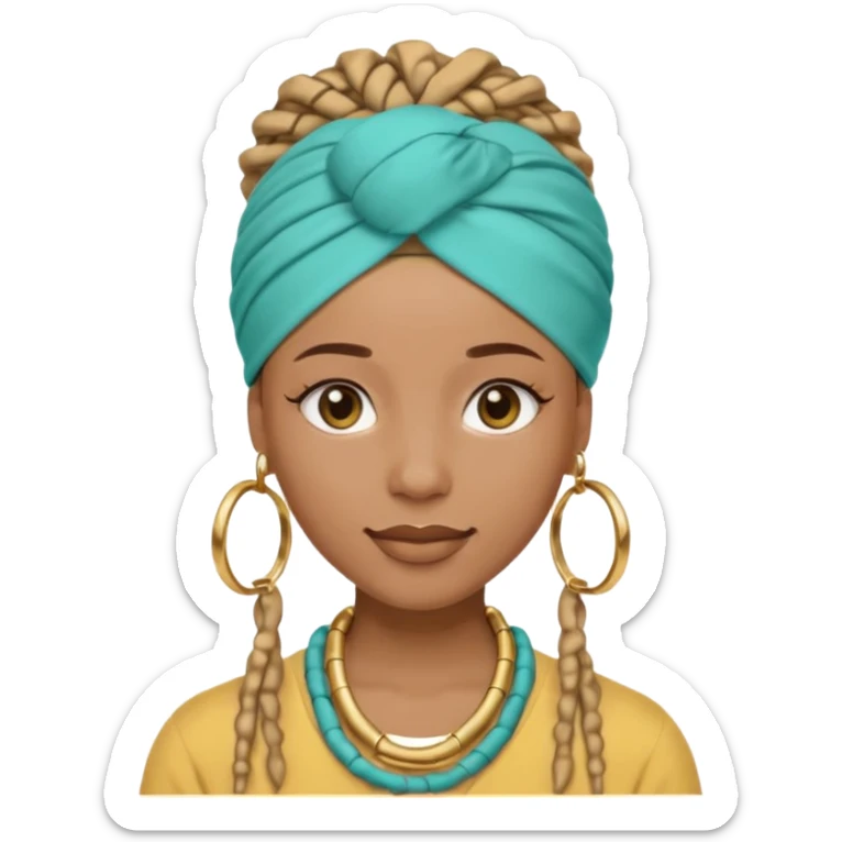 Non-portrait Jayci-vibe emoji, 1024 PNG, transparent. Headwrap (muted R-G-G), hoops, locs hint; soft smile, golden inner glow + faint heart aura. Embed: first-love, roots calm, playful grace, protective joy, consent. sticker