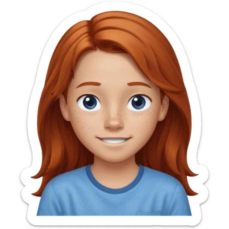 smiling shrugging emoji tween long auburn hair light blue shirt with a darker blue L sticker