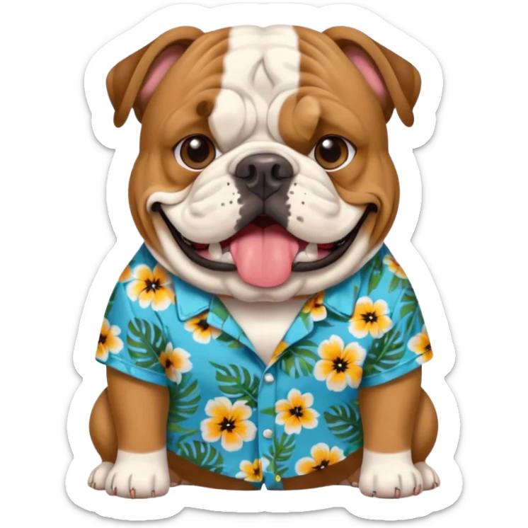 emoji of an english bulldog, Hawaiian shirt, visible dog tag with 'chompers' sticker