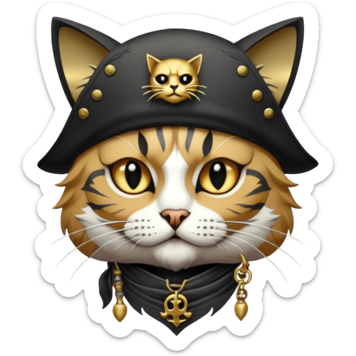 Highly detailed dark fantasy sticker art,cat, gritty pirate aesthetic, intricate engraving style, cinematic lighting, gold and charcoal color palette, sharp edges, white border, vector contour --v 6.0 sticker