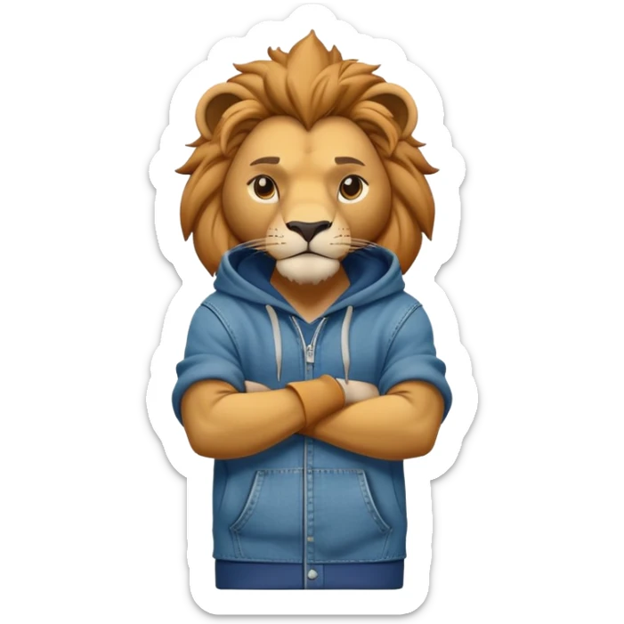 determined anthropomorphised lion in a hoodie and jeans with arms folded, energetic pose sticker