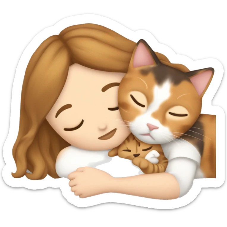 Calico cat sleeping with a girl who la white and has light brown hair  sticker
