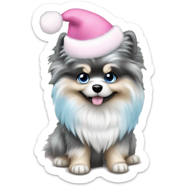 Blue Merle pomeranian puppy full body light blue eyes pink christmas hat on sticker
