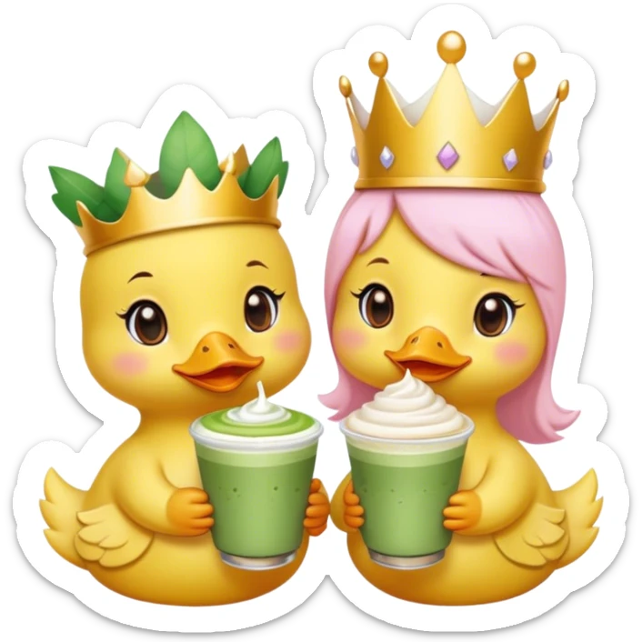 two girl yellow ducks that are besties, one wearing a light pink bow on its head and one wearing a crown while holding a matcha latte sticker