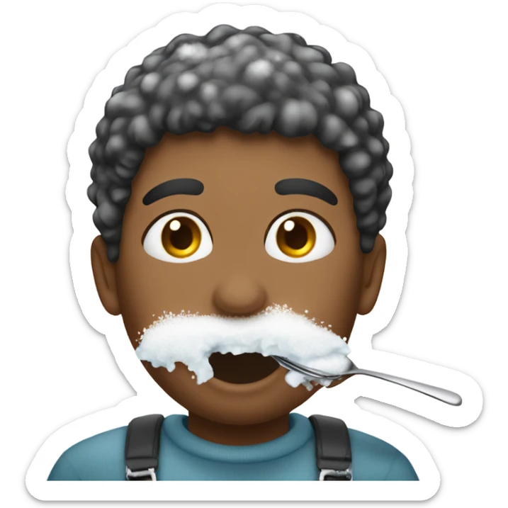 person eating snow and has a spoon full of snow with snow all over their mouth  sticker