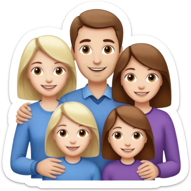 happy pale white family with one brown hair dad, one brown hair mom, one blonde girl, and one brown hair girl sticker