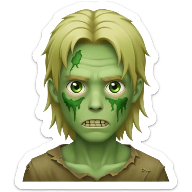 green zombie, handsome male, dirty blonde long anime hair, green eyes, subtle facial scars, iOS emoji style sticker