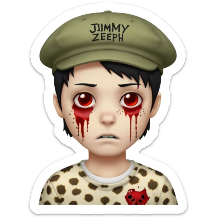 Zombie Boy with black hair and a little blood on his face and sleepy eyes and a cap that has the phrase #jimmy written on it , and a shirt with cheetah texture emoji emo sticker