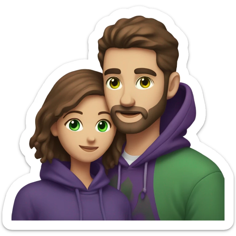 two people a man with brown hair and a beard with green eyes in a dark purple hoodie and a woman with brown hair and blue eyes in a dark purple hoodie hugging with a heart on top sticker