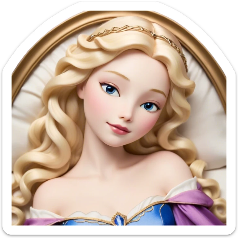 Cinematic Realistic Sleeping Beauty (Aurora) Portrait, with porcelain-like skin featuring a natural rosy flush, illuminated by soft lighting that highlights the gentle contours of her face. Her golden blonde hair flows in soft, detailed waves with subtle highlights that shimmer in the light. Her deep violet-blue eyes radiate warmth and innocence, framed by arched brows and long lashes. With a soft, serene smile, she holds a delicate rose gently in one hand, her other hand resting lightly by her side. She is dressed in her classic pink gown, the fabric rich in texture with delicate folds that catch the light. A golden crown rests atop her head, gleaming with royal refinement. The portrait captures a soft, glowing aura, blending realism with an ethereal sense of beauty and timeless enchantment. sticker