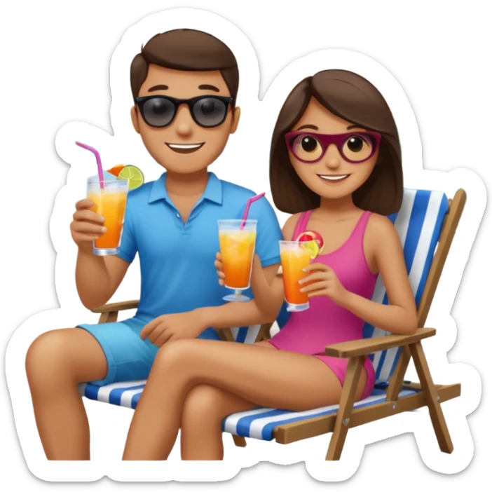 Use this image to design the faces of a young man and woman sitting in beach chairs talking with drinks in their hands on a lake dock  sticker