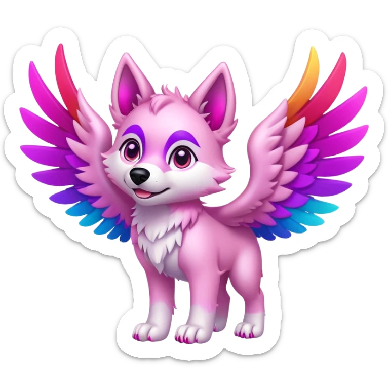 a light pink wolf pup with magenta eyes and pink and purple feathered wings and rainbow feet, flying happily  sticker