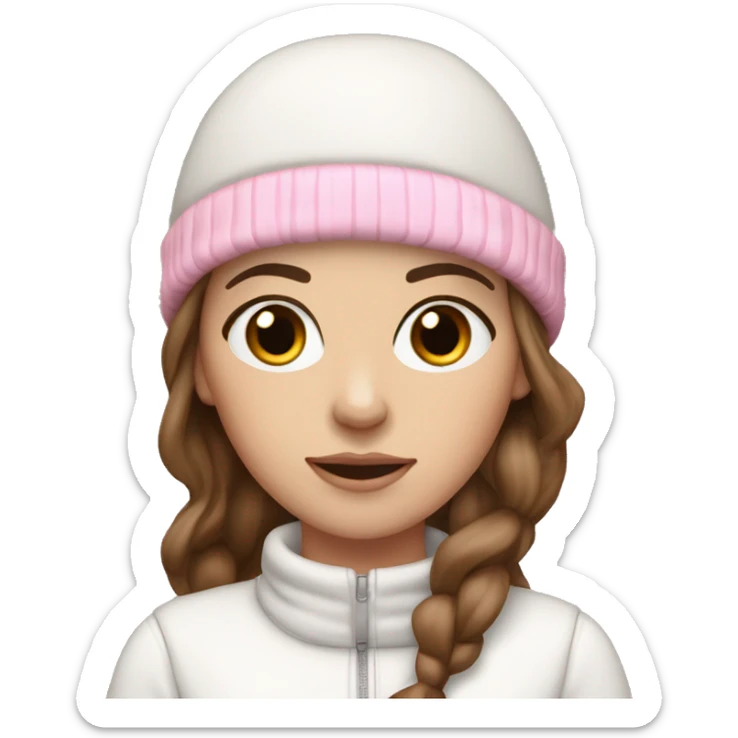 white girl with brown hair and black eyes wearing a white and pink winter outfit sticker