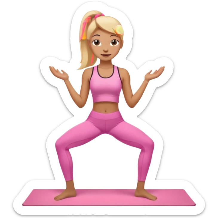 Mujer color de piel moreno claro con cabello rubio suelto y lacio, que tenga gloss en los labios y se vea usando Blush rosita, usando un top rosa deportivo y leggins deportivo rosa en una pose de yoga, viendo hacia enfrente con ojos negros y sonriendo sin mostrar los dientes sticker
