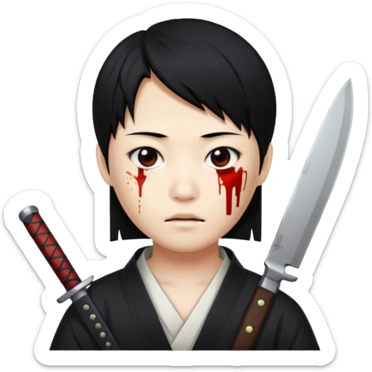 Korean murderer white skin with Asian eyes and holding knife with black straight hair sticker