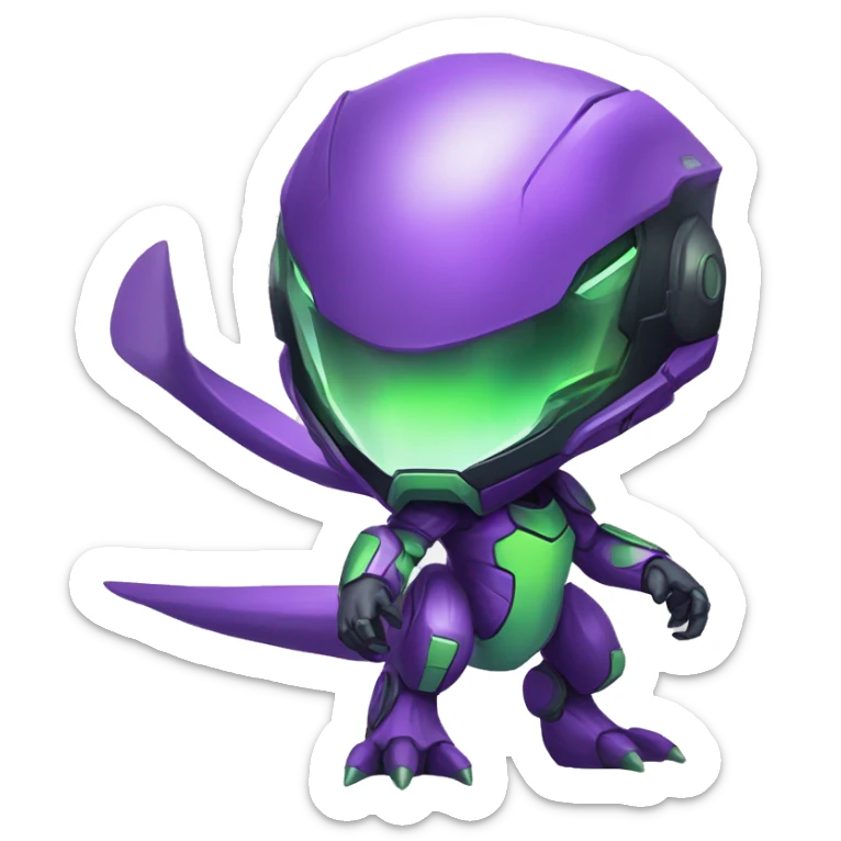 a chibi-style purple-green Genesect-Raptor-Fakémon—hybrid with a futuristic visor-helmet full body sticker