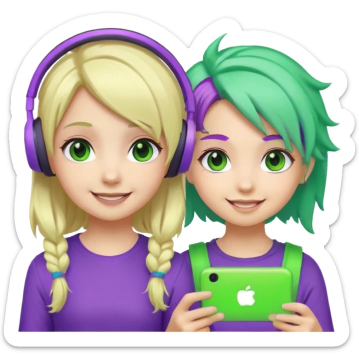 Make a blonde girl with green glowing headset on and a purple haired girl haveing fun , make them a chibi emoji page sticker