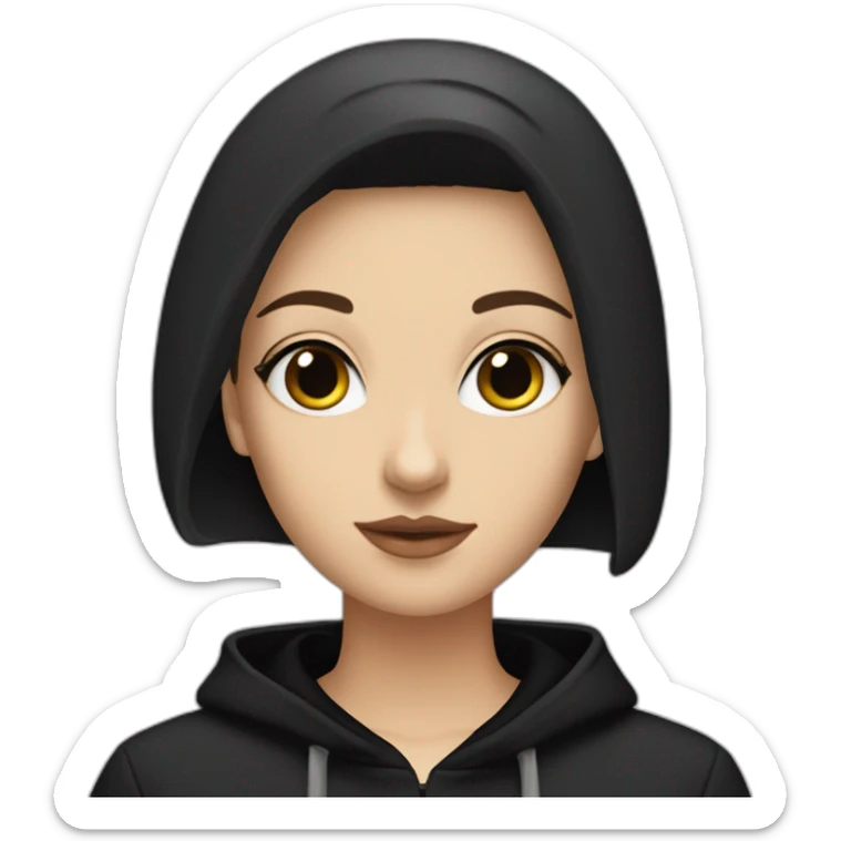 White girl lightly tanned with short haircut black eyes and black hair wearing black messa hoodie like alyx Vance  sticker