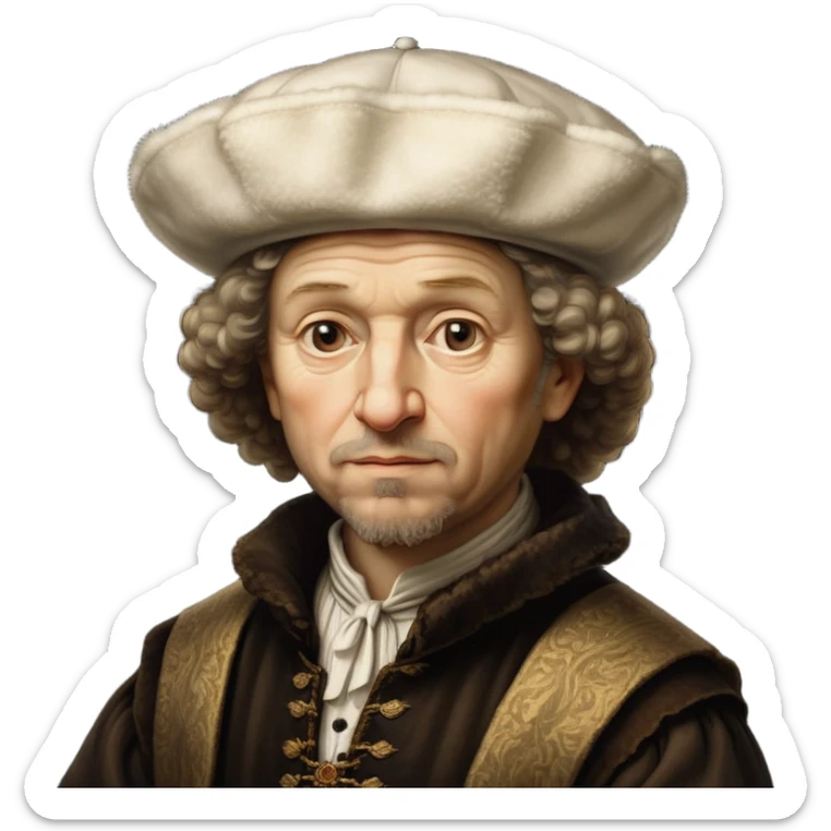 emoji of rembrandt,-shown-as-a-master-artist-with-deep,-introspective-eyes-and-richly-detailed-period-clothing,-rendered-with-dramatic-chiaroscuro-lighting-that-emphasizes-his-legacy white puffy hat sticker