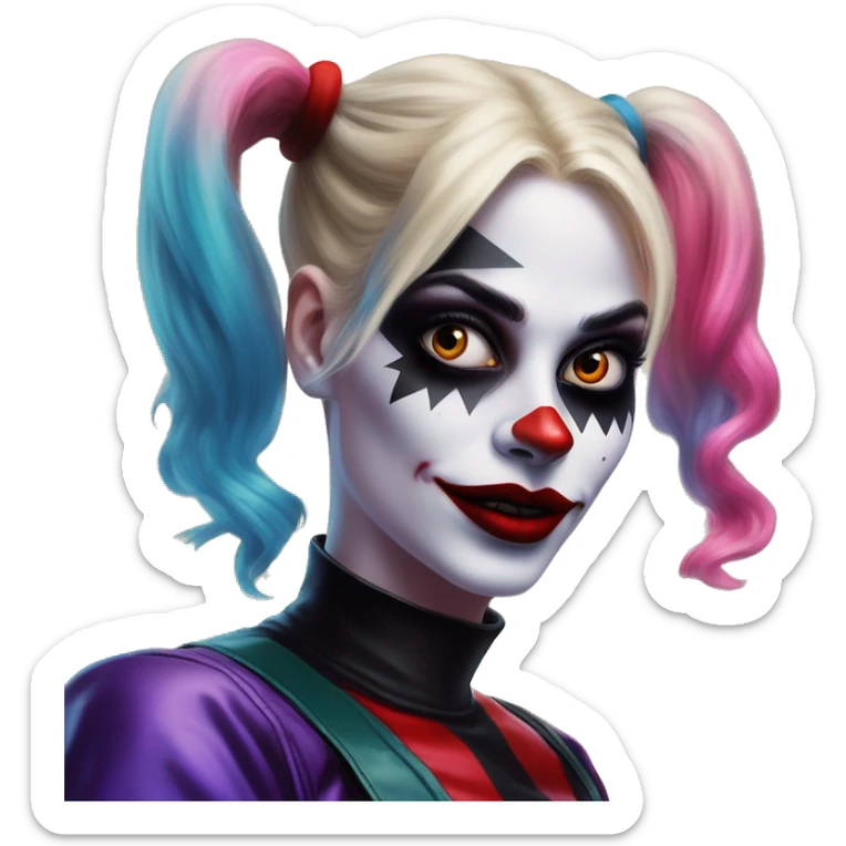 Synthwave Harley Quinn in Uncle Scrooge style, oil paint, mysterious eyes, intricate lips, masterpiece portrait, odd perspective, beautiful, desirable, logical sticker